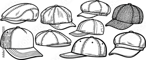 Hand drawn vintage style black and white sketches of nine different caps and hats collection detailed vector art illustration