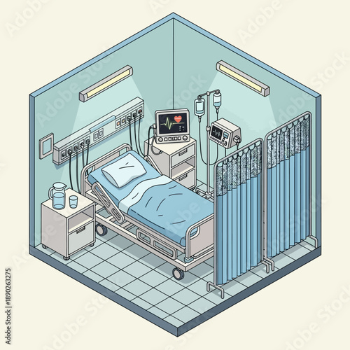 Hospital Room Interior with Medical Equipment and Patient Bed.