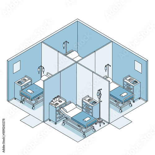 Hospital Ward With Four Beds And Medical Equipment.