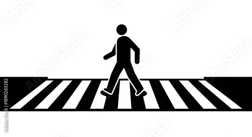 A black and white pictogram icon of a pedestrian walking across a zebra crossing