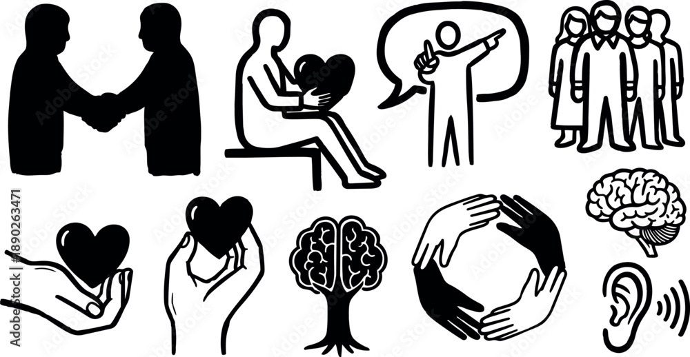 Obraz premium Silhouettes of handshake, person holding heart, speaking figure, group people, hearts in hand, brain tree, joined hands circle and ear icons in black vector art