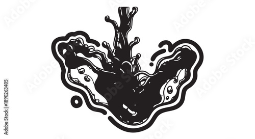 A black and white illustration of a liquid splash forming an abstract shape with flowing contours