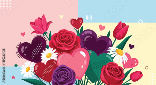 A vibrant bouquet of colorful flowers and hearts on a pastel background