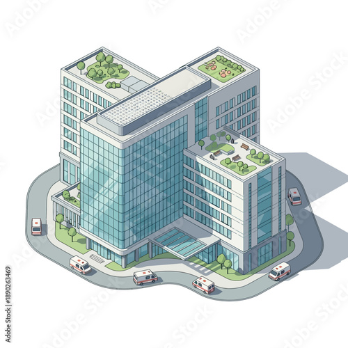 Modern Hospital Building with Green Rooftops and Ambulances.
