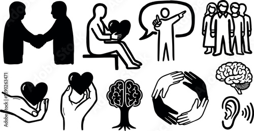 Silhouettes of handshake, person holding heart, speaking figure, group people, hearts in hand, brain tree, joined hands circle and ear icons in black vector art