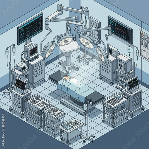 Modern Operating Room with Patient and Medical Equipment.