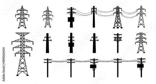 High voltage power line pylon and electric pole network icon set vector illustration