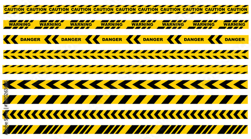 Caution and danger tape set. Black and yellow striped warning tapes for hazard, safety, construction, or restricted area signs. Vector illustration isolated on white background.