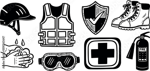 Black and white hand drawn safety equipment icons including helmet, vest, boots, goggles, fire extinguisher, first aid kit and hand washing illustration