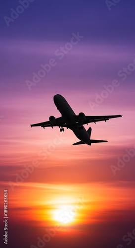 A silhouette of a plane taking off against a beautiful sunset sky