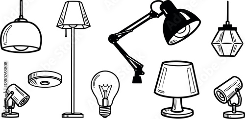 Black and white line art set of various indoor lamps including pendant, floor, desk, spotlight, and classic bulb illustration