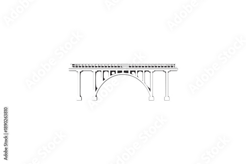 Elegant old stone bridge with arch and multiple pillars isolated on white background