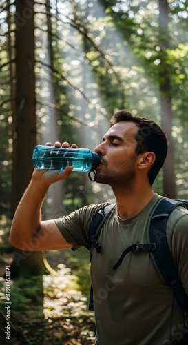 A man drinking water while hiking in a serene forest. The sunlight filters through the trees, illuminating the man as he hydrates.