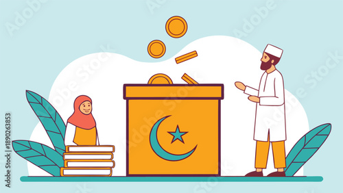 Zakat or charity concept with a muslim man and woman donating money to a box with a crescent moon symbol representing ramadan and islamic giving