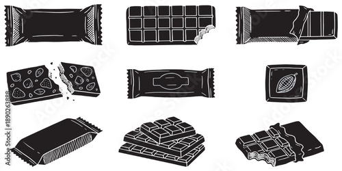Collection of hand-drawn black and white illustrations of various chocolate bars and wrappers.