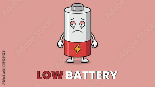 Low Battery Character Design, Energy Power Concept Flat Vector Illustration. Low Power Energy Concept, Tired Character Battery Level Flat Illustration