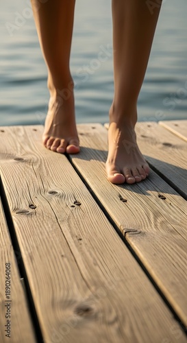 Bare feet walking on a wooden dock with the lake in the background