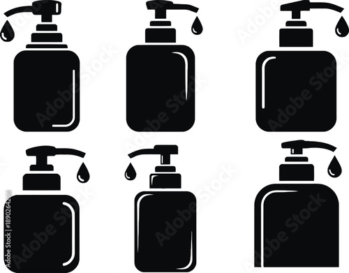 Set of six black soap dispensers with water drops isolated on white background