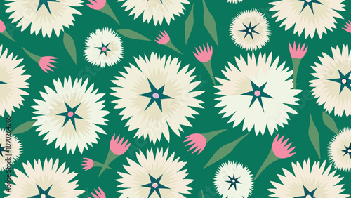 Vibrant floral pattern with white dandelions and pink buds on green background for design