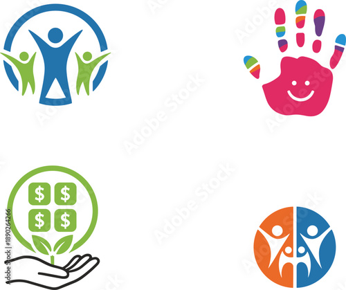 Community care logo icon set with human figures helping hands money growth and child handprint modern vector illustration design