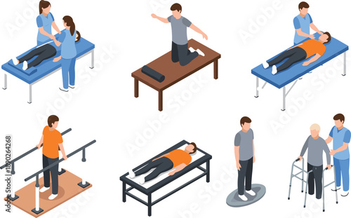 Physical therapy and rehabilitation illustration set showing patients with therapists, medical treatment exercises, recovery training and healthcare support scenes isolated on white background