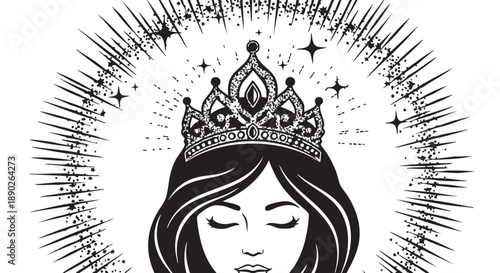 Woman wearing a crown surrounded by stars and mystical energy in a serene illustration from a front viewpoint