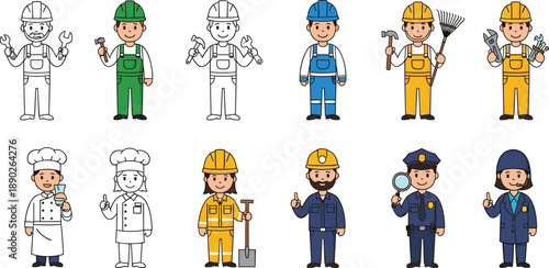Professional worker character illustration set featuring construction workers, engineers, chefs, police officers and service jobs, colorful cartoon people icons for career, occupation and workforce 