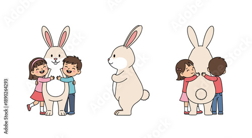 Two happy children hugging a large cartoon bunny from front side and back views perfect for Easter spring and childhood themes, Generative AI.