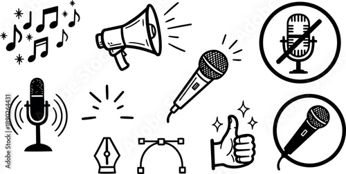 Hand drawn black line art set of microphones music notes thumbs up megaphone and digital design elements sketch style vector icons