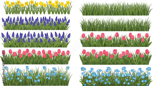 Spring garden grass borders with colorful flowers including tulips, daffodils, lavender and wildflowers, seamless nature landscape elements, decorative meadow design, floral greenery illustration set