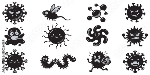 Collection of cartoon viruses, bacteria, and other microbes with various emotions and actions.