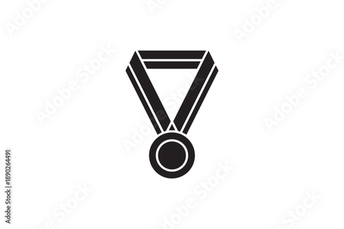 Award medal icon filled silhouette, trophy symbol with ribbon on white, recognition for excellence and victory