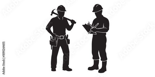 Black silhouette set of manual workers using shovels and digging, group of men in various labor poses and standing isolated on a white background.