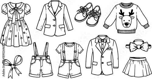 Hand drawn black and white line art of children clothing set including dress jacket shorts sweater bow tie shoes and skirt