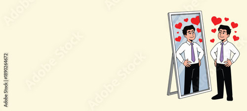 Man Looking in Mirror, Self Reflection and Ego Concept Cartoon Vector Illustration. Man Admiring Themselves in Mirror, Self Confidence and Pride Concept Vector