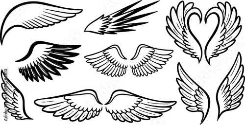 Black outlined collection of various angel wings shapes in vector art style with different feather details and symmetrical designs