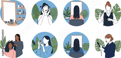 Women skincare routine illustration set with mirror plants and cosmetic products self care lifestyle concept