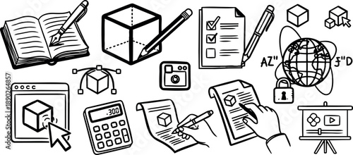 Hand drawn black and white vector icons showing writing, 3d modeling, checklist, calculator, globe, and presentation in digital work context
