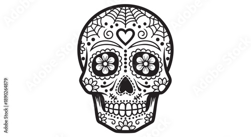 Intricately designed sugar skull with floral patterns and heart motif on plain background from a frontal viewpoint