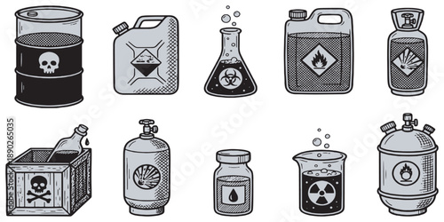 Collection of hazardous chemical containers and warning symbols, including skull and crossbones, biohazard, and flammable signs.
