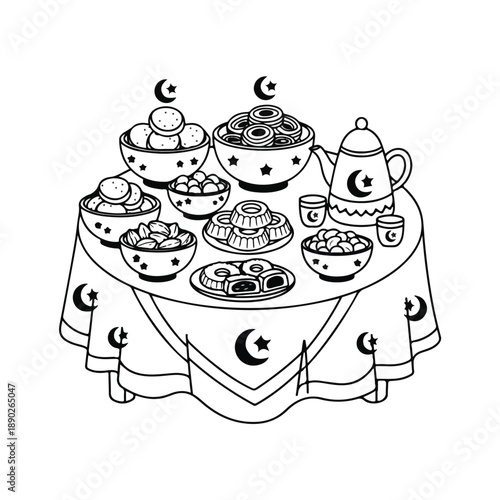 Elegant table setting for ramadan iftar with traditional sweet and savory food