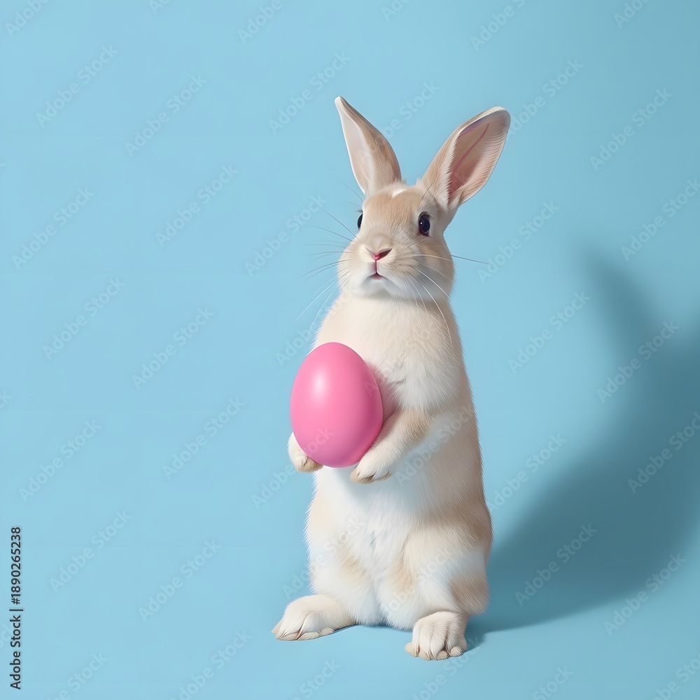 Obraz premium Easter bunny holding pink easter egg on light blue background