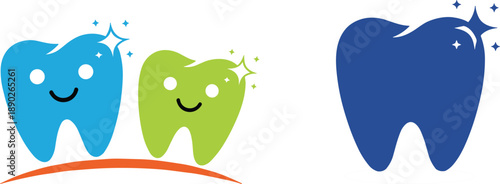 Cute smiling tooth characters with sparkle effect representing healthy dental care hygiene modern vector illustration design