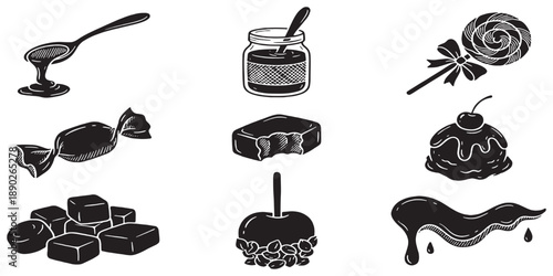 Collection of black and white illustrations of various sweet treats and desserts, including candies, chocolate, and lollipops.