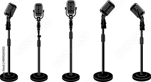 Vintage microphone stand vector illustration set, retro studio microphones silhouettes collection for music, podcast, radio broadcasting, audio recording design isolated on white