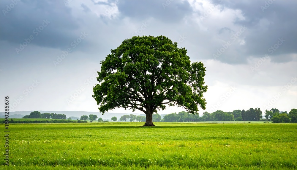 Obraz premium A singular, mature tree with lush green foliage stands prominently in a vast green field beneath a dramatic, cloudy sky