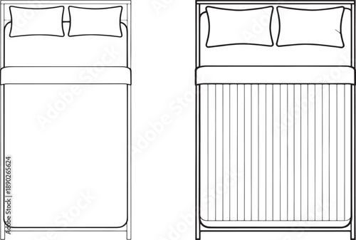 Simplified bedroom elements: a bed with two pillows and a blanket, viewed from above, providing a minimalist representation of rest and comfort.