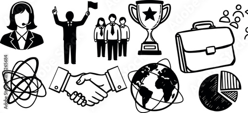 Black silhouette business teamwork icons including handshake, award cup, briefcase, globe with orbit, pie chart and customer support agent