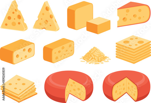 Vector Illustration Set of Diverse Cheese Types including Shredded Cheese, Red Edam Wheels, and Swiss SlicesVector Illustration Set of Diverse Cheese Types including Shredded Cheese, Red Edam Wheels, 