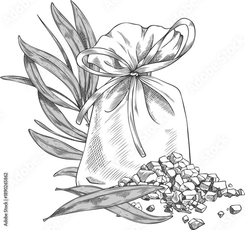 Tea tree branch with leaves, sachet bag and granules heap sketch, vector engraved hand drawn essential herbal product